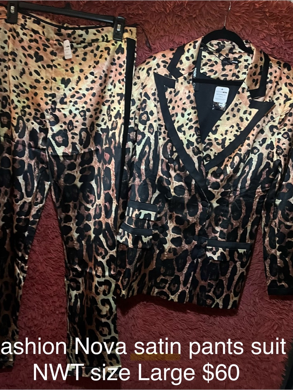 Fashion Nova Leopard Satin Blazer & Pants Set - Black, Gold, Brown